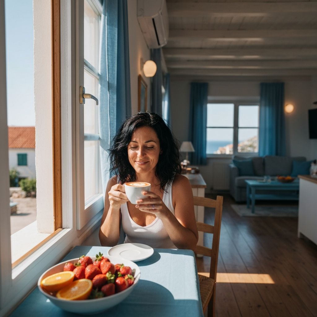 Osoba uživa spor doručak pored sunčanog prozora s kavosom i svježim voćem