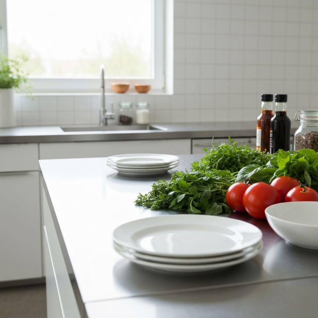 Minimalistička kuhinjska radna površina s bijelim pločama i svježim začinkama tijekom pripreme